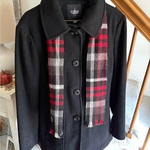 London Fog Black Pea Coat with Red Plaid Accent Scarf